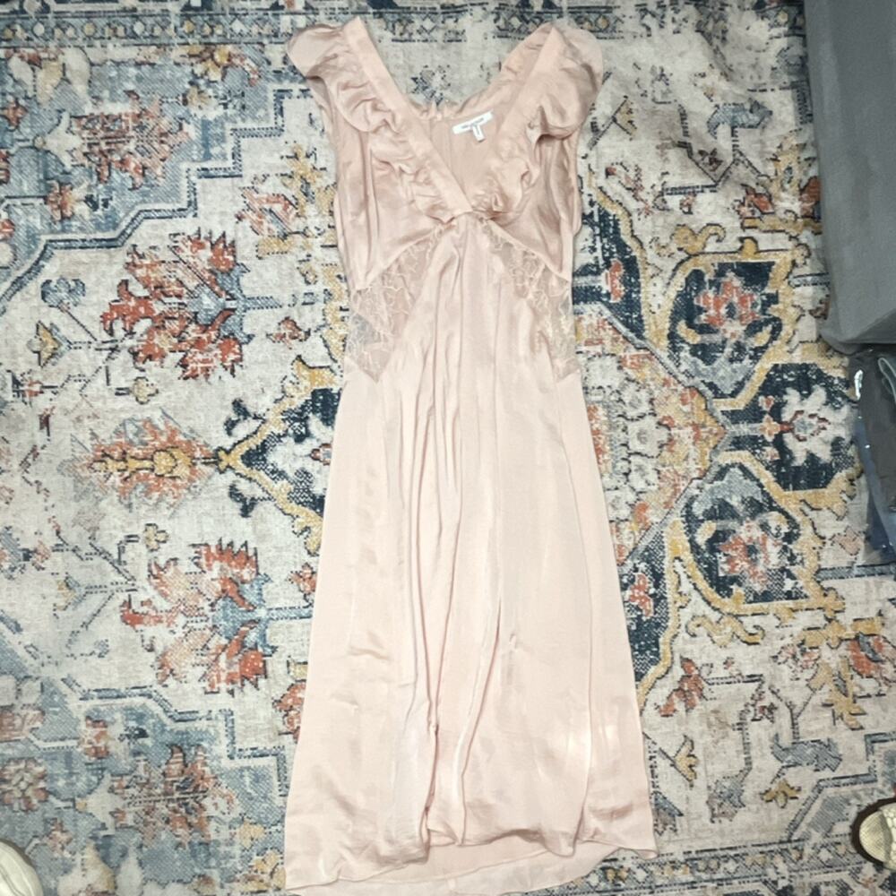 Avec Les Filles Blush Pink Satin Midi Lace Insert Dress Coquette Romantic Medium